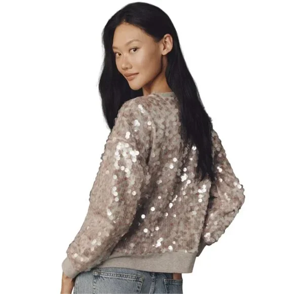 Maeve Long-Sleeve Sequin Sweatshirt Anthropologie Anthro Pink/Gray Small
